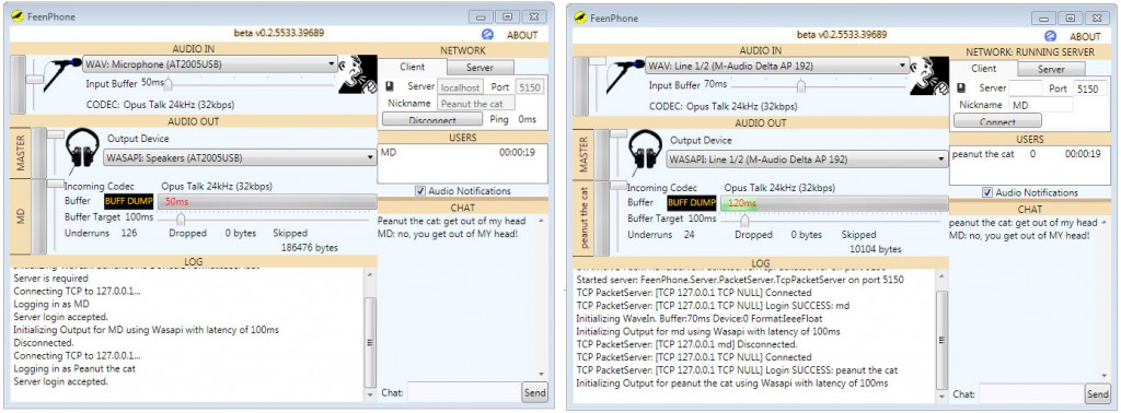 Two instances of FeenPhone on one computer (click to see larger)